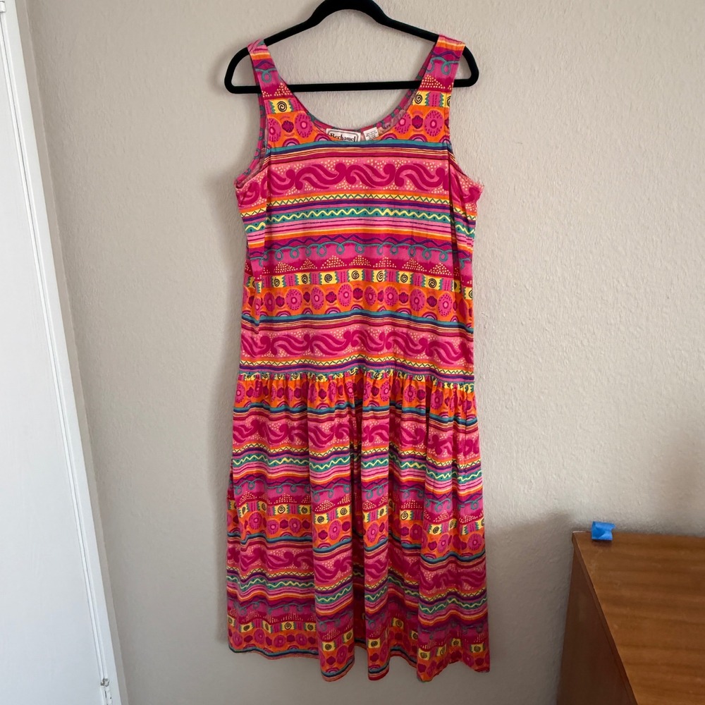 Vintage‎ 90s Womens Large Abstract Drop Waist Midi Dress Boho Resort Maximalist